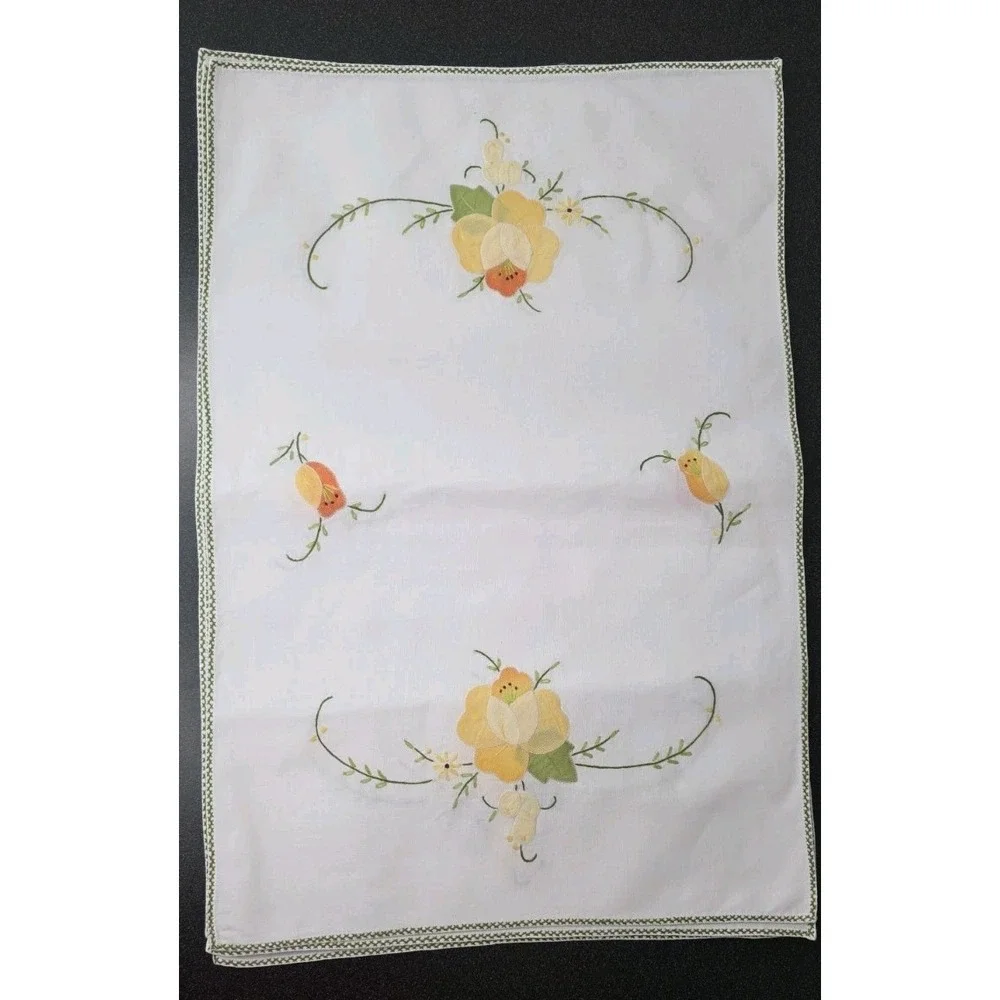 4pc Vintage Hand-Embroidered Floral Linen Napkins Platmat Handkerchief Cottage